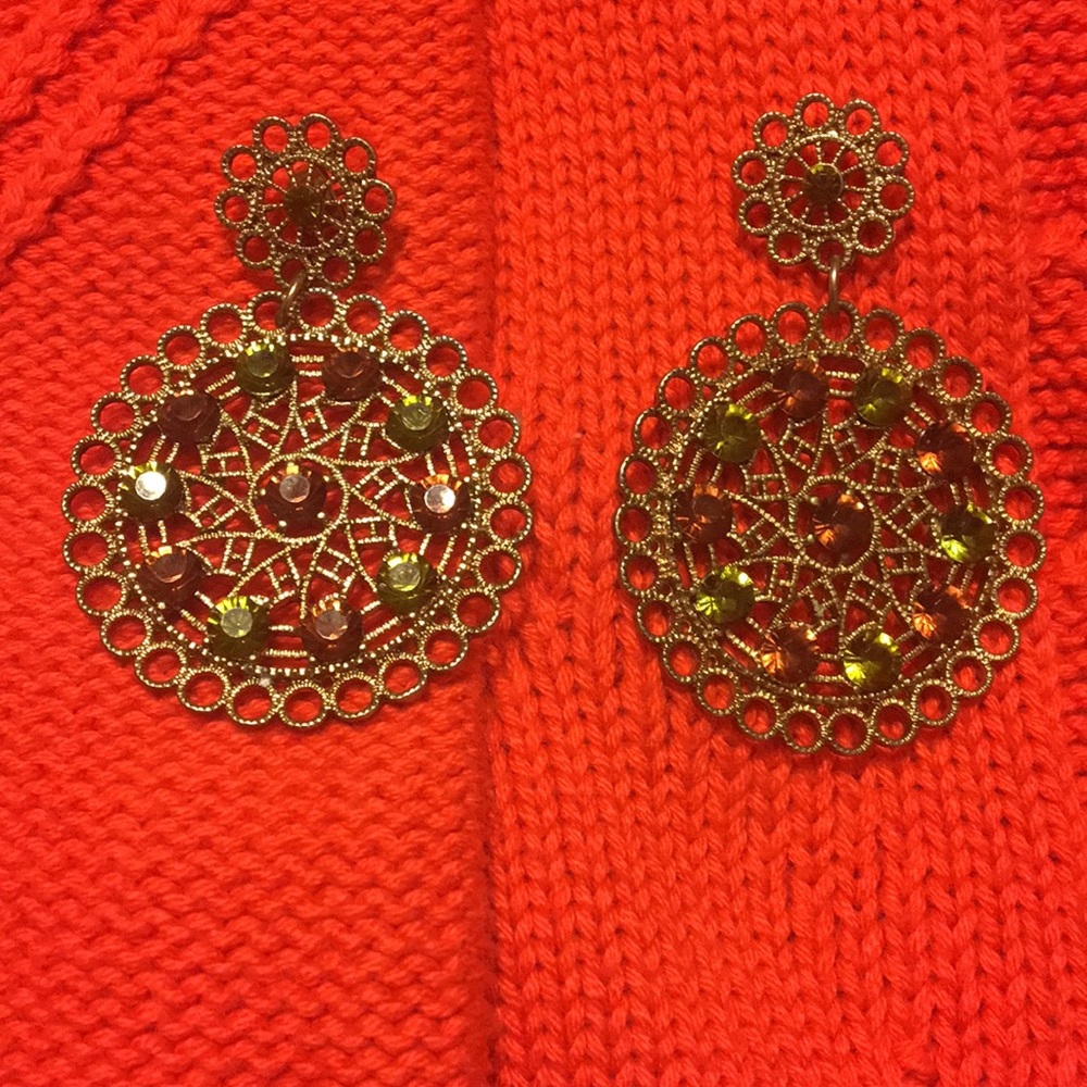 Gold Tone Earrings with Green & Orange Stones